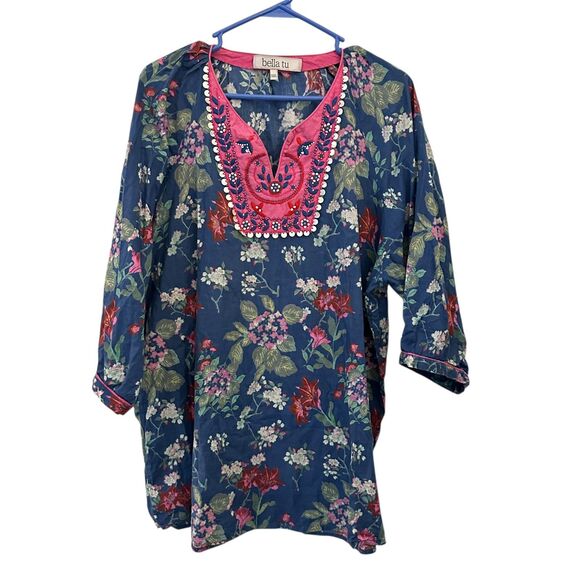 Bella Tu Blue and Pink Floral Beaded Embroidered V-Neck Cotton Tunic Size XXL - Picture 1 of 7